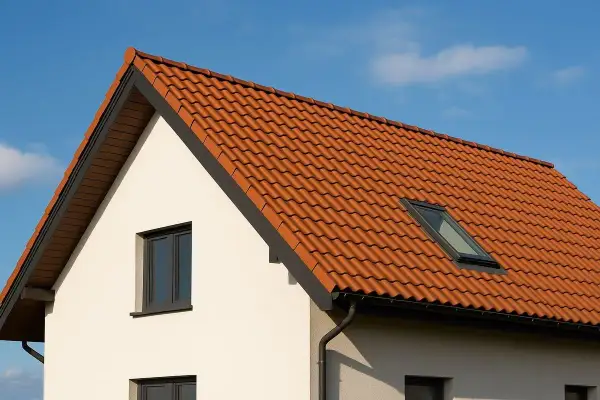 Nowy, czerwony dach dwuspadowy z dachówką ceramiczną i oknem połaciowym na tle błękitnego nieba.