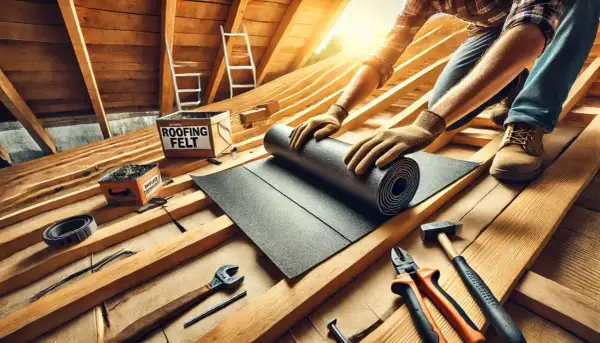 Ręce w rękawiczkach rozwijają papę na dach z desek. W tle skrzynka z napisem "ROOFING FELT".