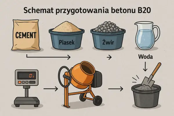 Schemat przygotowania betonu: cement, piasek, żwir, woda, waga, betoniarka i wiadro z zaprawą.